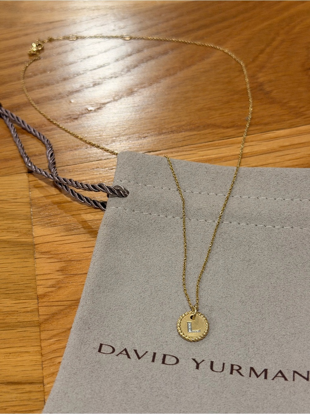 David Yurman Gold Initial L Disc Necklace with Polished Chain